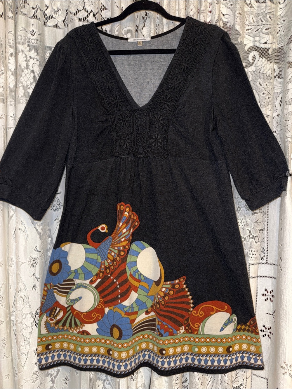 Black V-Neck Midi Dress with Colorful Hem Print